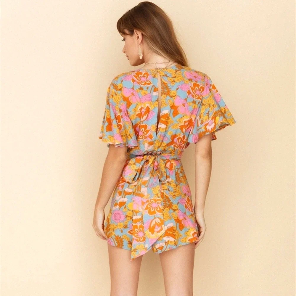 Retro Floral V-Neck‎ Romper Small Blue Orange Pink 70s Style Flutter Sleeves Tie